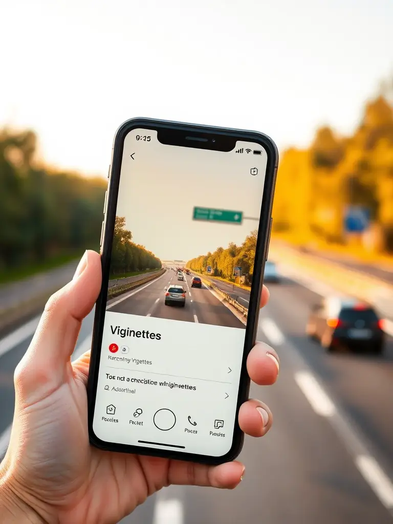 A close-up shot of a smartphone displaying the Vignettes app interface, showcasing a user-friendly design for easy vignette selection and purchase, with a blurred background of a European highway.