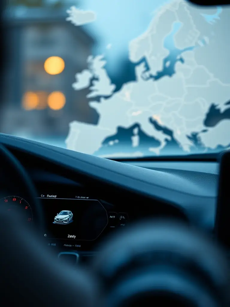 A digital vignette displayed on a car dashboard, with a map of Europe in the background, symbolizing seamless travel across multiple countries.