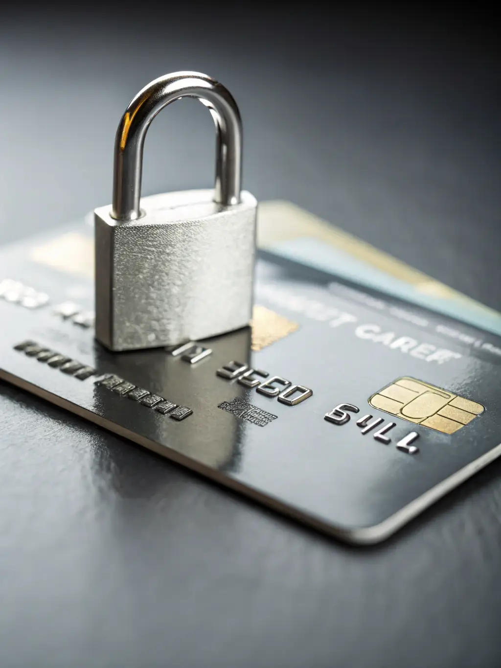 A padlock icon displayed on a credit card, symbolizing secure online transactions, with a blurred background of a person using a laptop to make a purchase.