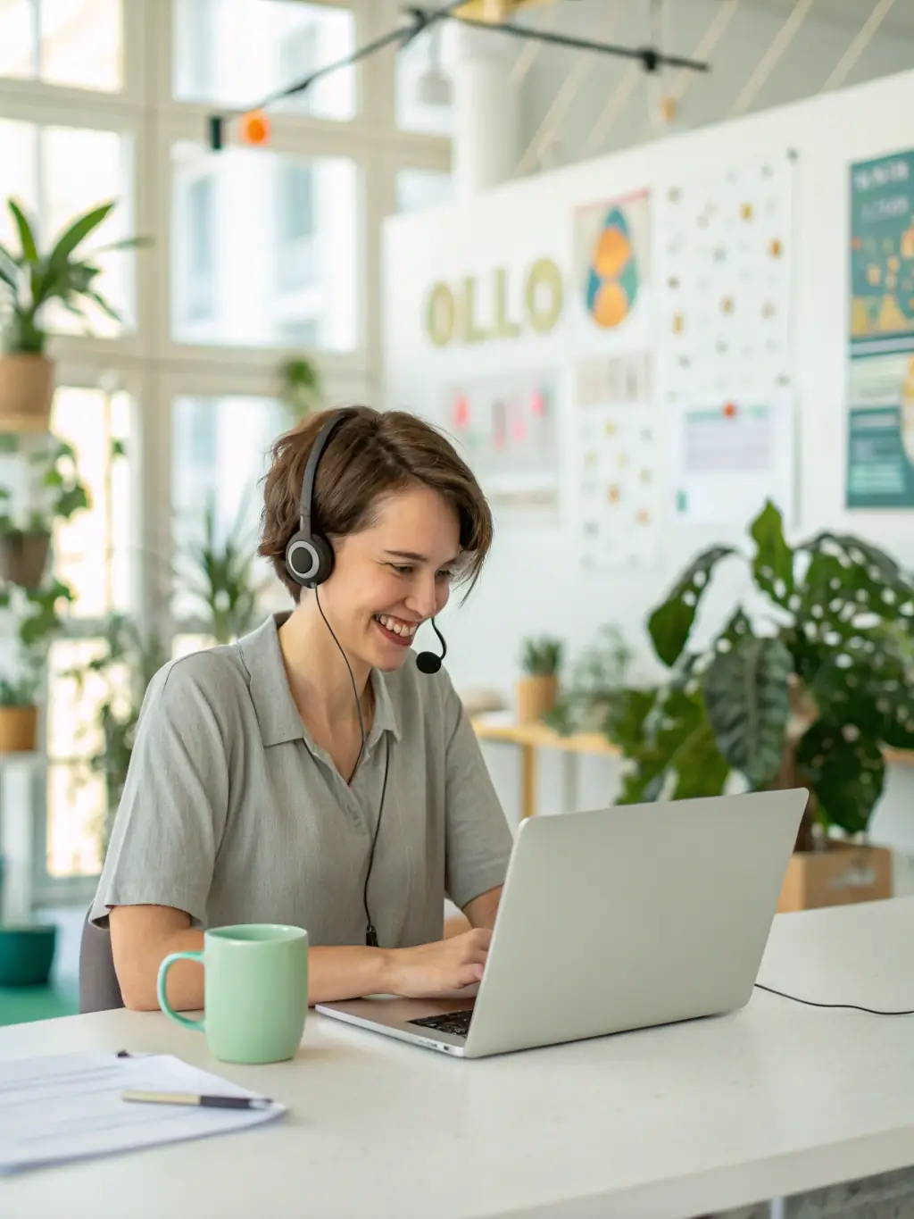 A customer support representative assisting a customer via live chat on a laptop, with a friendly and helpful demeanor, in a modern office setting.